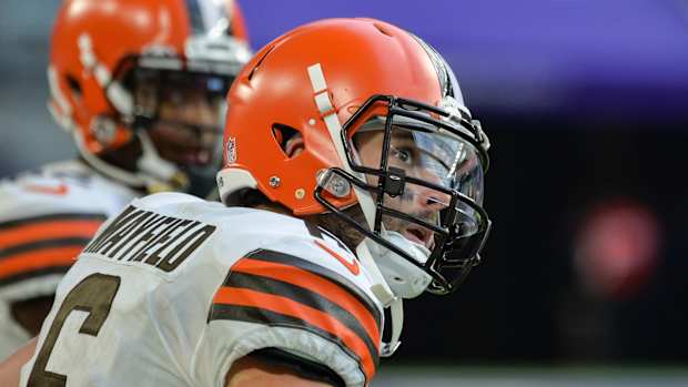 Oct 3, 2021; Minneapolis, Minnesota, USA; Cleveland Browns quarterback Baker Mayfield (6) looks on during the fourth quarter against the Minnesota Vikings at U.S. Bank Stadium. Mandatory Credit: Jeffrey Becker-USA TODAY Sports
